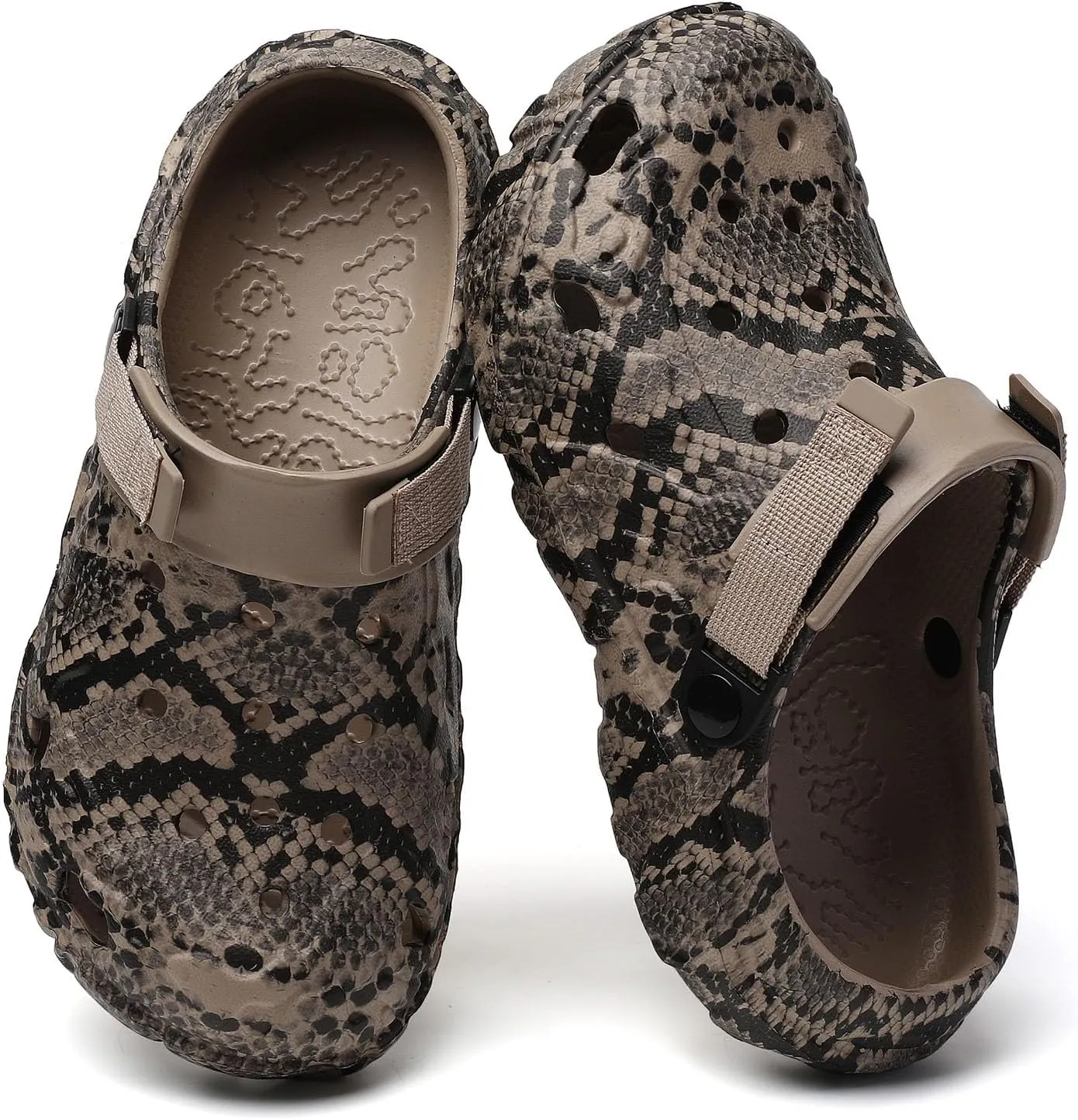 SECHRITE Men's Women's Clogs Slip On Waterproof Garden Shoes, Snake Printed Lightweight Non-Slip Comfort Mules with Adjustable Strap for Outdoor Indoor