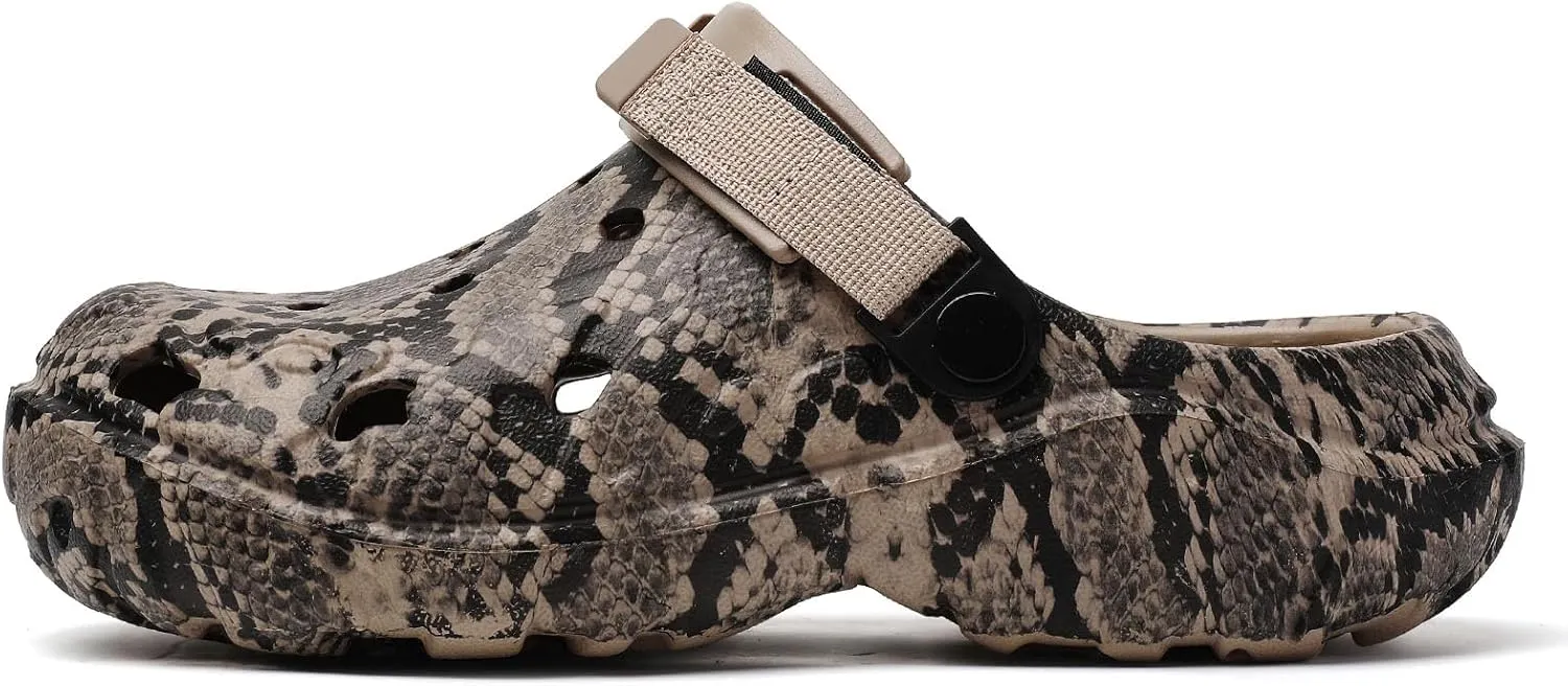 SECHRITE Men's Women's Clogs Slip On Waterproof Garden Shoes, Snake Printed Lightweight Non-Slip Comfort Mules with Adjustable Strap for Outdoor Indoor