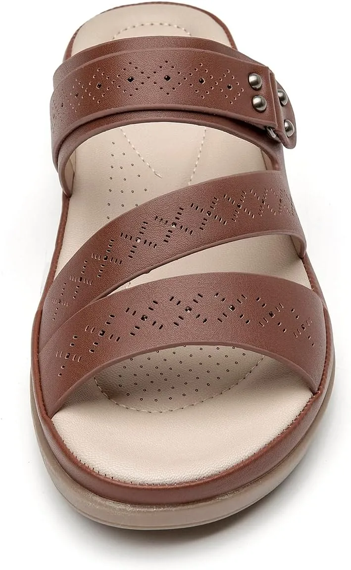 SelenePair Women's Strappy Flat Sandals Arch Support Slip On Open Toe Dressy Slide Sandals Lightweight Comfortable Summer Beach Shoes