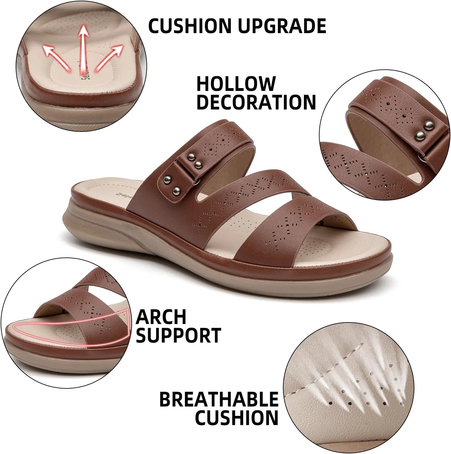 SelenePair Women's Strappy Flat Sandals Arch Support Slip On Open Toe Dressy Slide Sandals Lightweight Comfortable Summer Beach Shoes