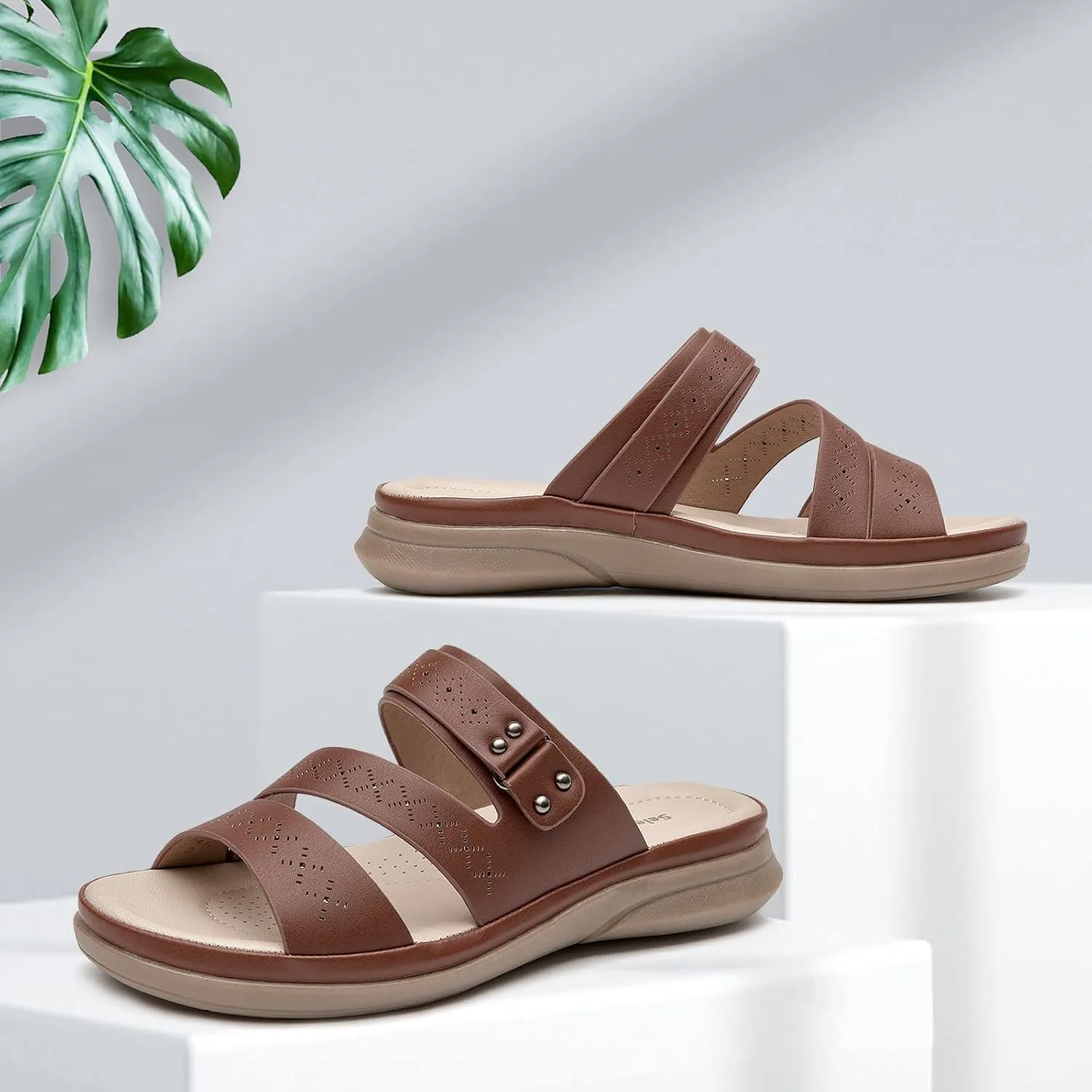 SelenePair Women's Strappy Flat Sandals Arch Support Slip On Open Toe Dressy Slide Sandals Lightweight Comfortable Summer Beach Shoes