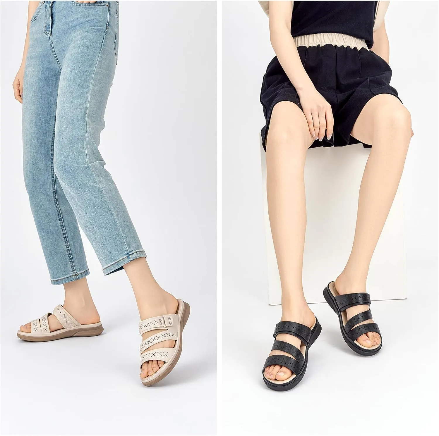 SelenePair Women's Strappy Flat Sandals Arch Support Slip On Open Toe Dressy Slide Sandals Lightweight Comfortable Summer Beach Shoes