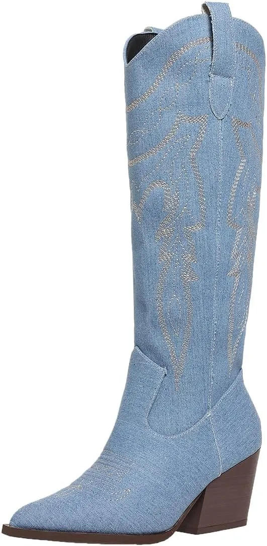 SelRoys Cowboy Boots for Women Cowgirl Embroidered Stitched Pointy Toe Chunky Heel Western Country Fashion Boots