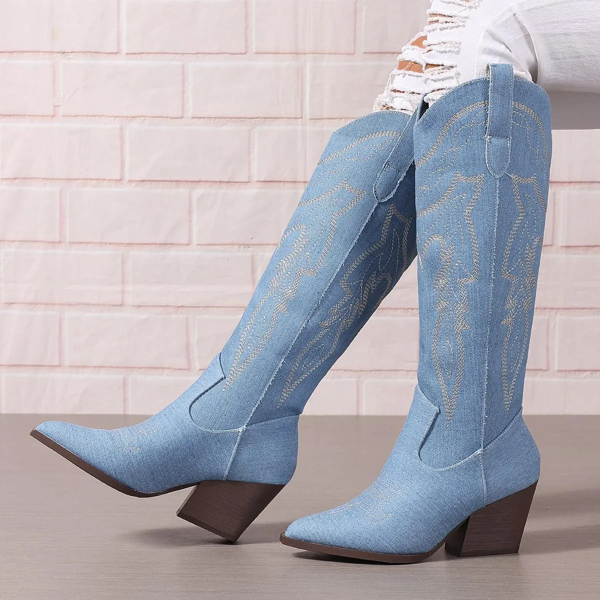 SelRoys Cowboy Boots for Women Cowgirl Embroidered Stitched Pointy Toe Chunky Heel Western Country Fashion Boots