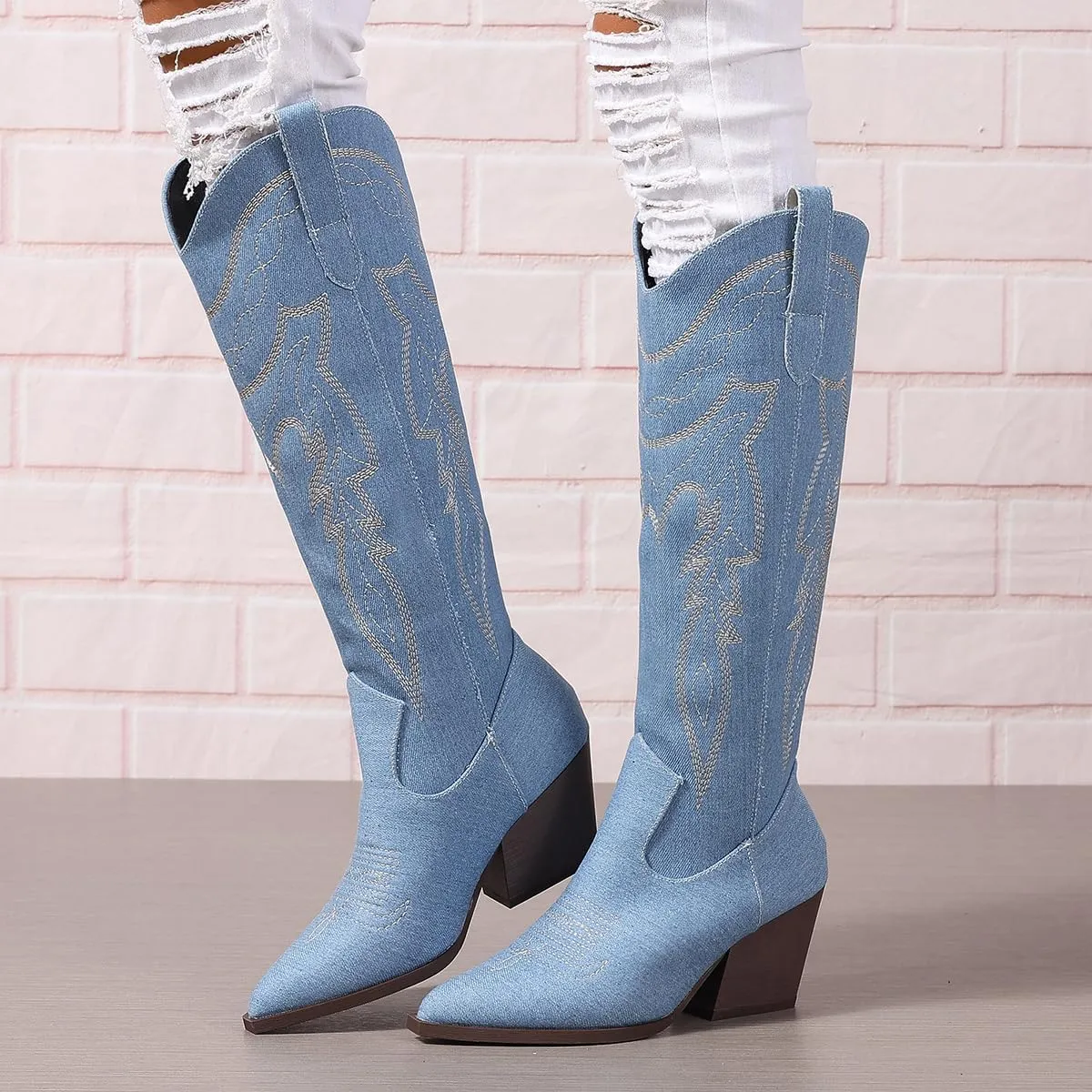 SelRoys Cowboy Boots for Women Cowgirl Embroidered Stitched Pointy Toe Chunky Heel Western Country Fashion Boots