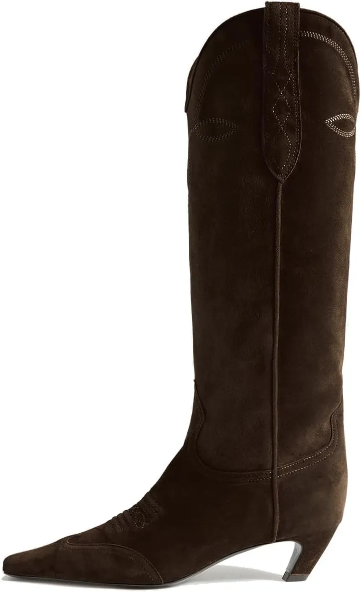 SHODENSE Women Embroidered Cowboy Boots Square Toe Knee High Kitten Heel Boots Suede Wide Calf Western Boots Pull On V Cut 2" Heels Cowgirl Boot Vintage Tall Dress Boots Fall Winter 4-11 M US