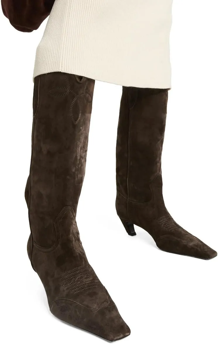 SHODENSE Women Embroidered Cowboy Boots Square Toe Knee High Kitten Heel Boots Suede Wide Calf Western Boots Pull On V Cut 2" Heels Cowgirl Boot Vintage Tall Dress Boots Fall Winter 4-11 M US