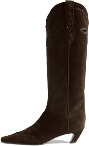 SHODENSE Women Embroidered Cowboy Boots Square Toe Knee High Kitten Heel Boots Suede Wide Calf Western Boots Pull On V Cut 2" Heels Cowgirl Boot Vintage Tall Dress Boots Fall Winter 4-11 M US