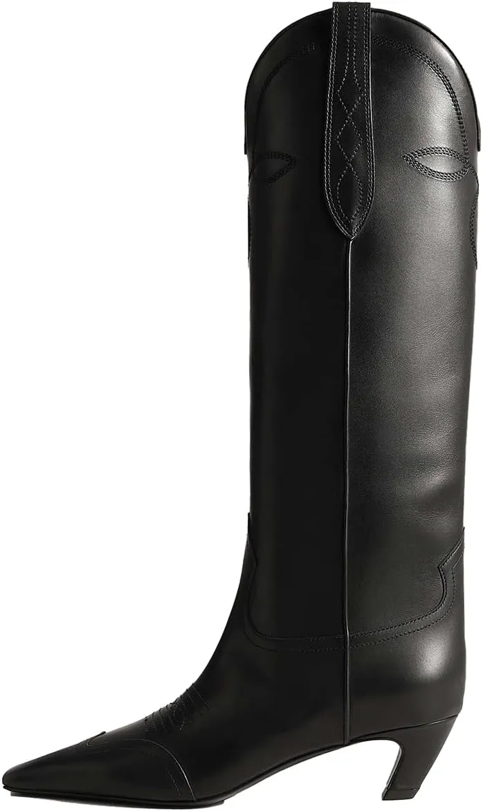SHODENSE Women Embroidered Cowboy Boots Square Toe Knee High Kitten Heel Boots Suede Wide Calf Western Boots Pull On V Cut 2" Heels Cowgirl Boot Vintage Tall Dress Boots Fall Winter 4-11 M US
