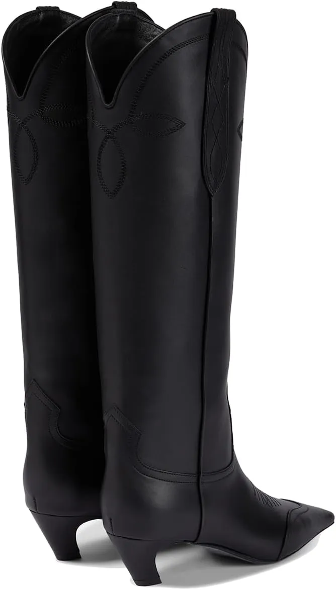 SHODENSE Women Embroidered Cowboy Boots Square Toe Knee High Kitten Heel Boots Suede Wide Calf Western Boots Pull On V Cut 2" Heels Cowgirl Boot Vintage Tall Dress Boots Fall Winter 4-11 M US