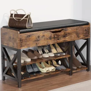 Shoe Bench, Lift Top Shoe Storage Bench, Adjustable Shelf Entryway Bench, Metal and Wood Shoe Rack Organizer with Cushion for Entry, Closet, Living Room, Bedroom, Hallway (Brown, 39.5“W)