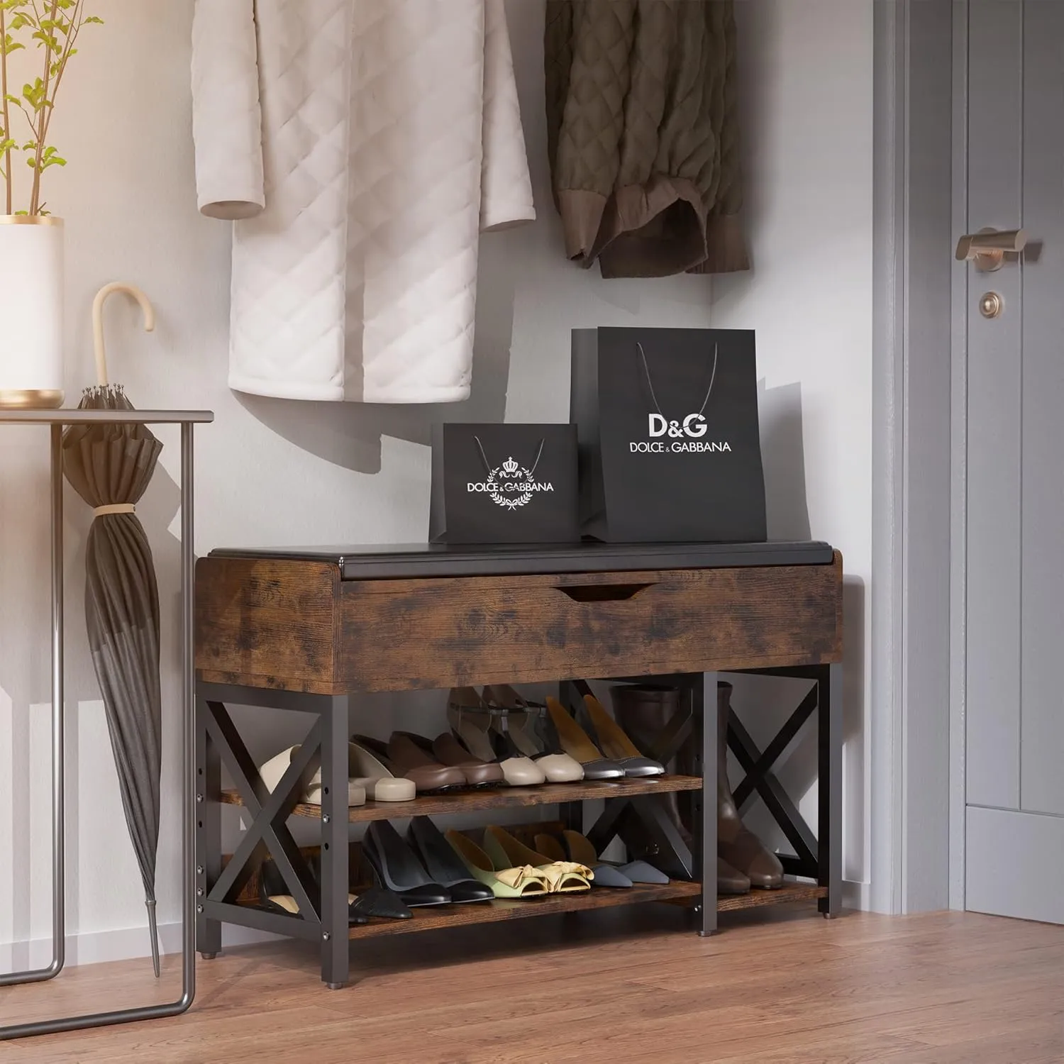Shoe Bench, Lift Top Shoe Storage Bench, Adjustable Shelf Entryway Bench, Metal and Wood Shoe Rack Organizer with Cushion for Entry, Closet, Living Room, Bedroom, Hallway (Brown, 39.5“W)
