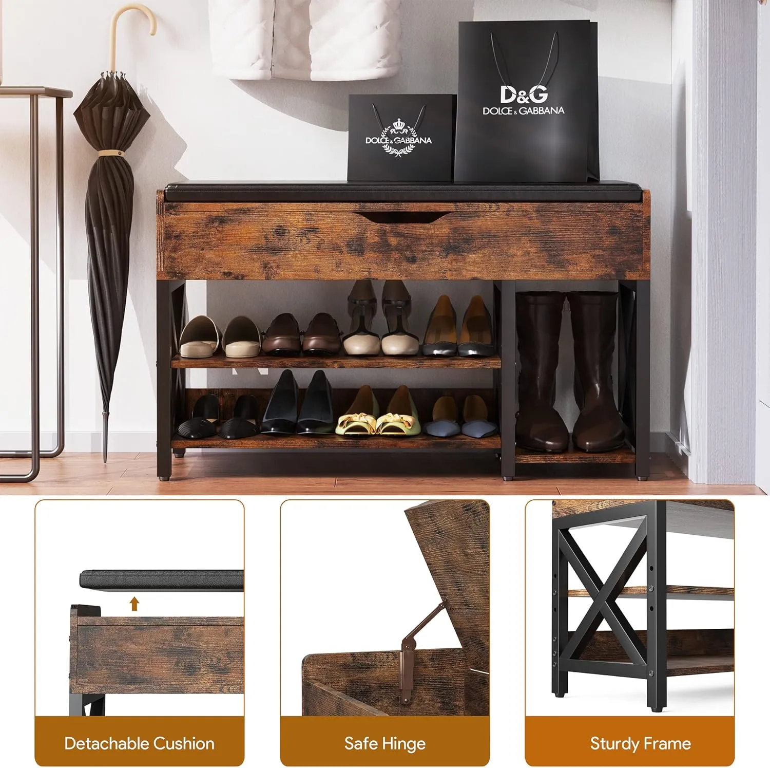 Shoe Bench, Lift Top Shoe Storage Bench, Adjustable Shelf Entryway Bench, Metal and Wood Shoe Rack Organizer with Cushion for Entry, Closet, Living Room, Bedroom, Hallway (Brown, 39.5“W)