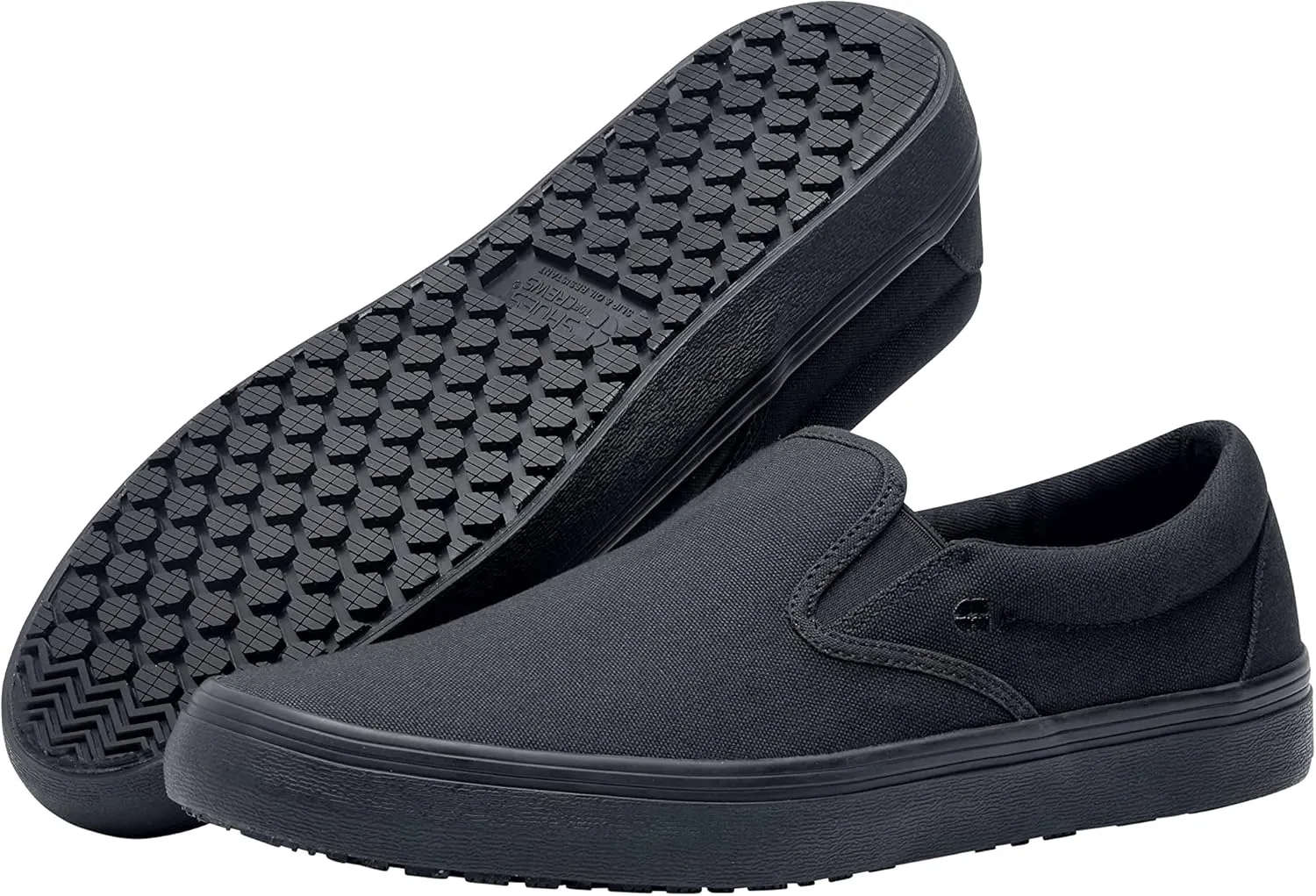 Shoes for Crews Merlin, Slip-On, Men's, Women's, Unisex, Slip Resistant Work Shoes, Black Canvas, Men's Size 5.5, Women's Size 7