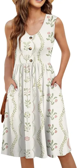 Sleeveless Summer Dresses for Women Hawaii Printed Casual Loose Swing V Neck Button Down Midi Sundress with Pockets