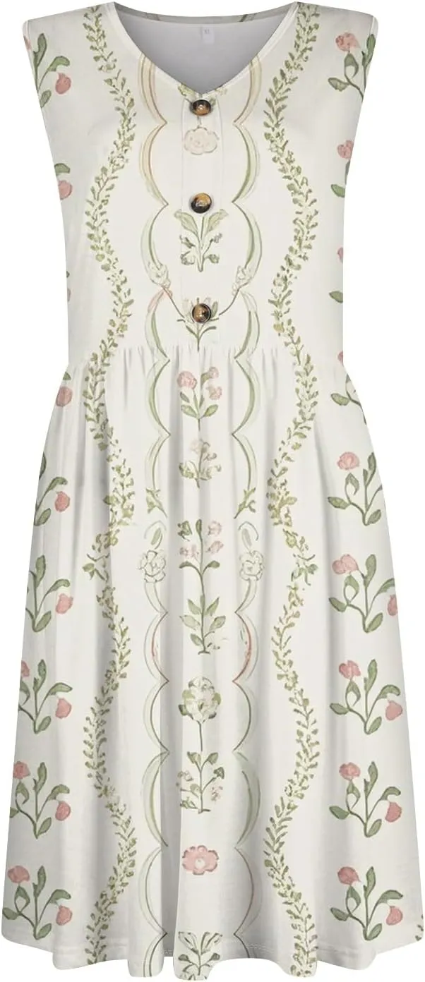 Sleeveless Summer Dresses for Women Hawaii Printed Casual Loose Swing V Neck Button Down Midi Sundress with Pockets