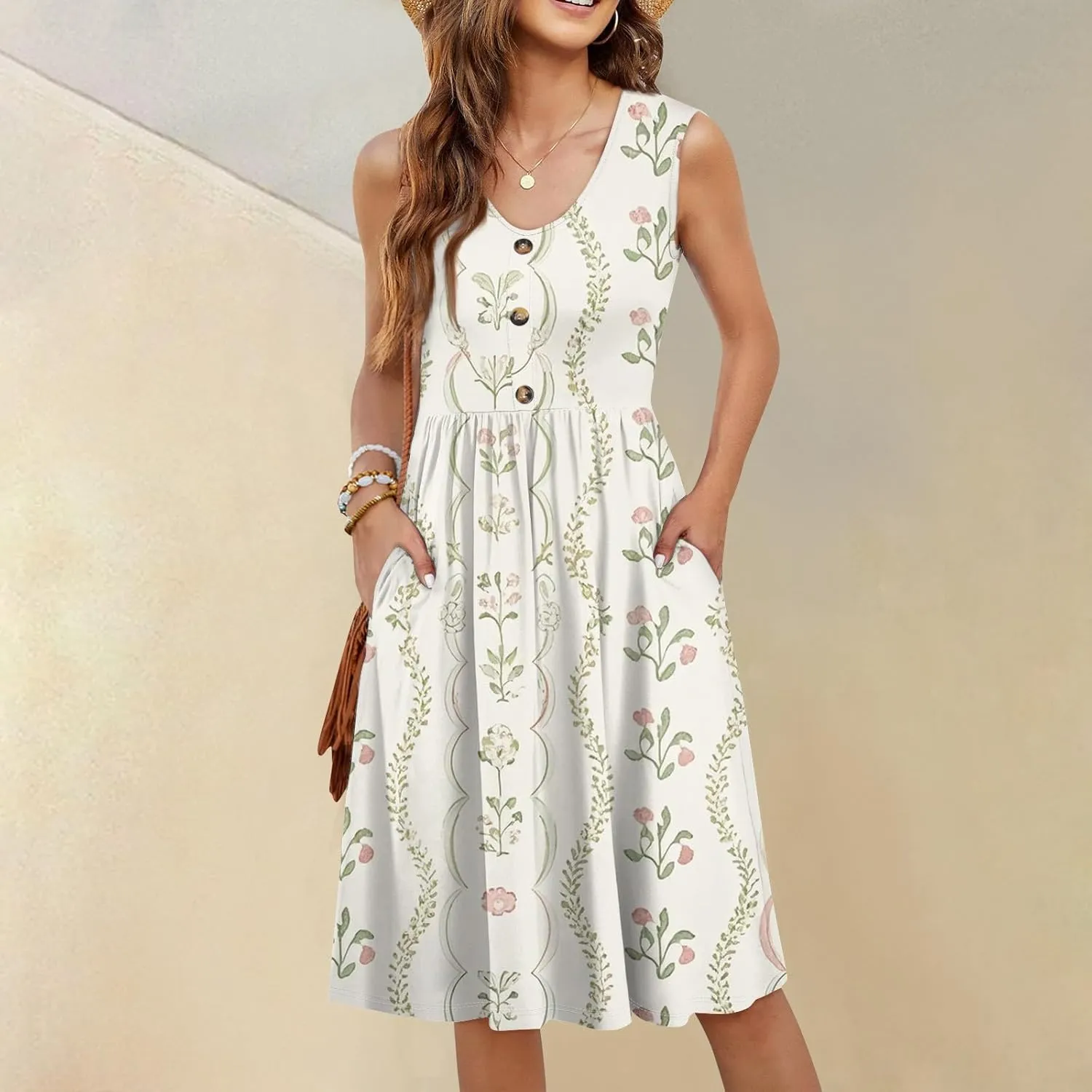 Sleeveless Summer Dresses for Women Hawaii Printed Casual Loose Swing V Neck Button Down Midi Sundress with Pockets