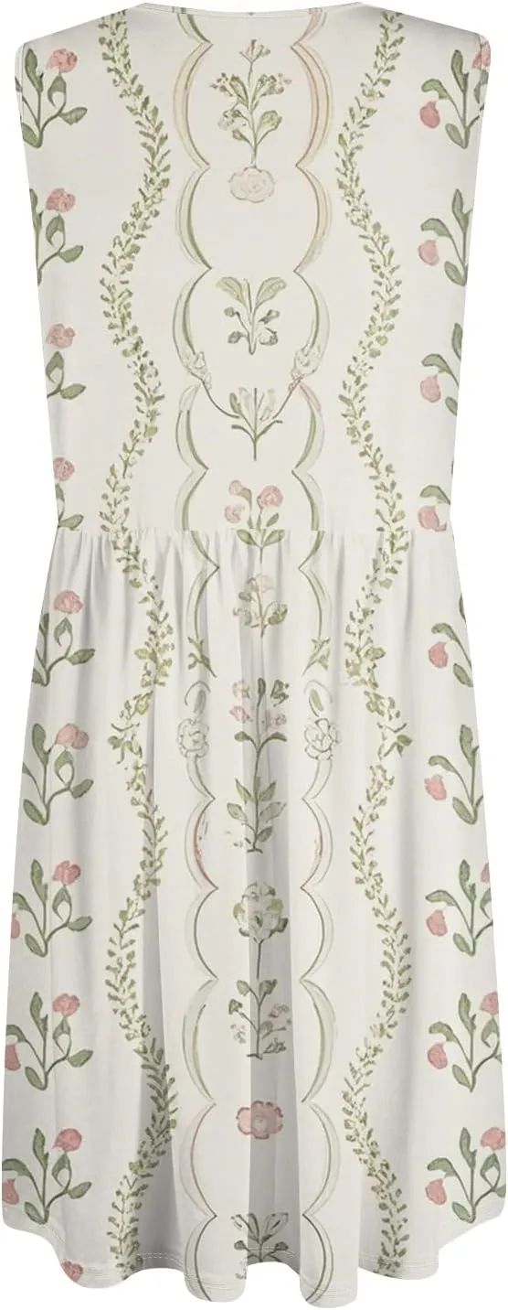 Sleeveless Summer Dresses for Women Hawaii Printed Casual Loose Swing V Neck Button Down Midi Sundress with Pockets