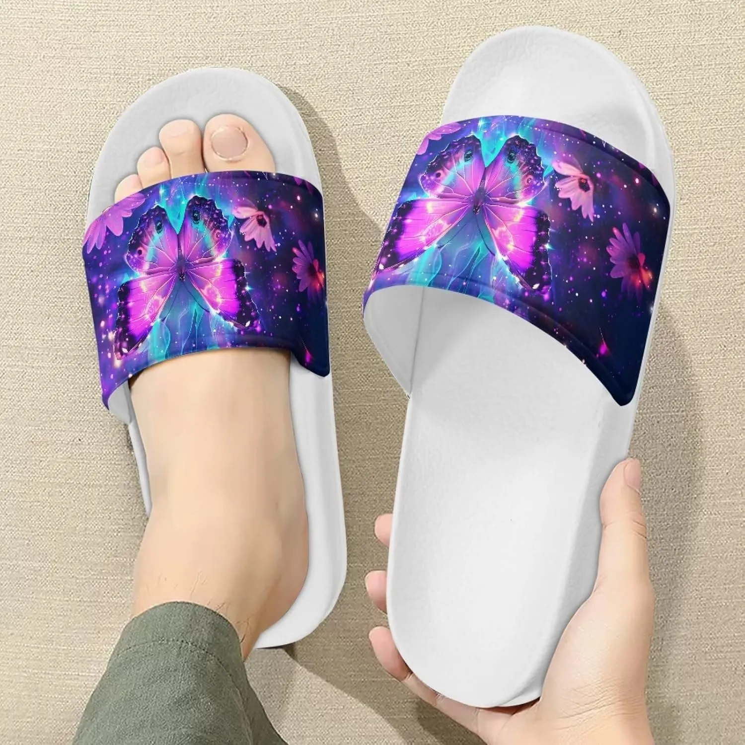 Slide Sandals for Womens Open Toe Non-Slip Shower Shoes Single Band White Sandals Comfy Ultra Cushion Footwear Wide Width Slippers for Spa Bath Pool Gym