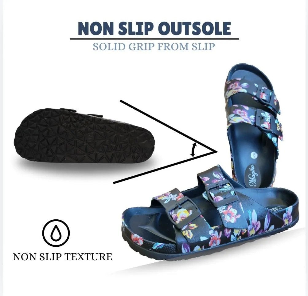 Slides Sandals for Women/Men, Adjustable Double Buckle EVA Flip-Flops Pillow Slippers, Chunky Lightweight Anti-Slip Waterproof All-Season Comfortable Flat Sandals for Indoor & Outdoor Use
