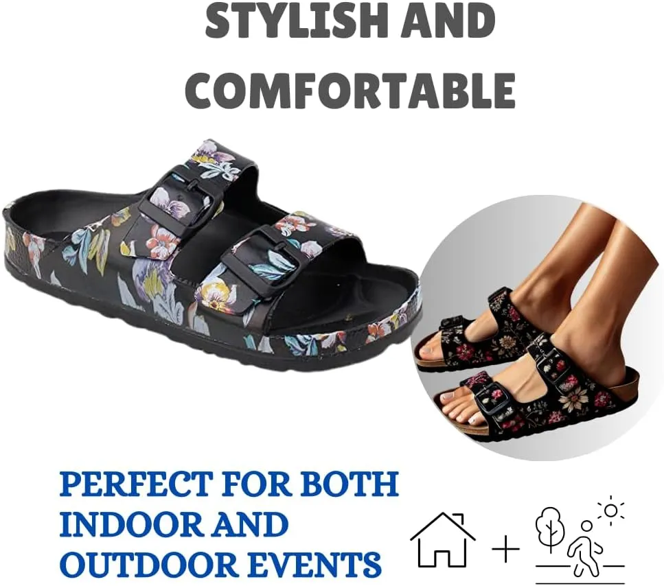 Slides Sandals for Women/Men, Adjustable Double Buckle EVA Flip-Flops Pillow Slippers, Chunky Lightweight Anti-Slip Waterproof All-Season Comfortable Flat Sandals for Indoor & Outdoor Use