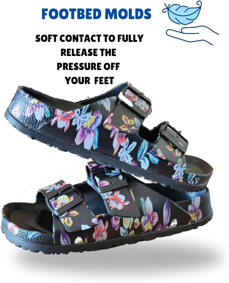 Slides Sandals for Women/Men, Adjustable Double Buckle EVA Flip-Flops Pillow Slippers, Chunky Lightweight Anti-Slip Waterproof All-Season Comfortable Flat Sandals for Indoor & Outdoor Use
