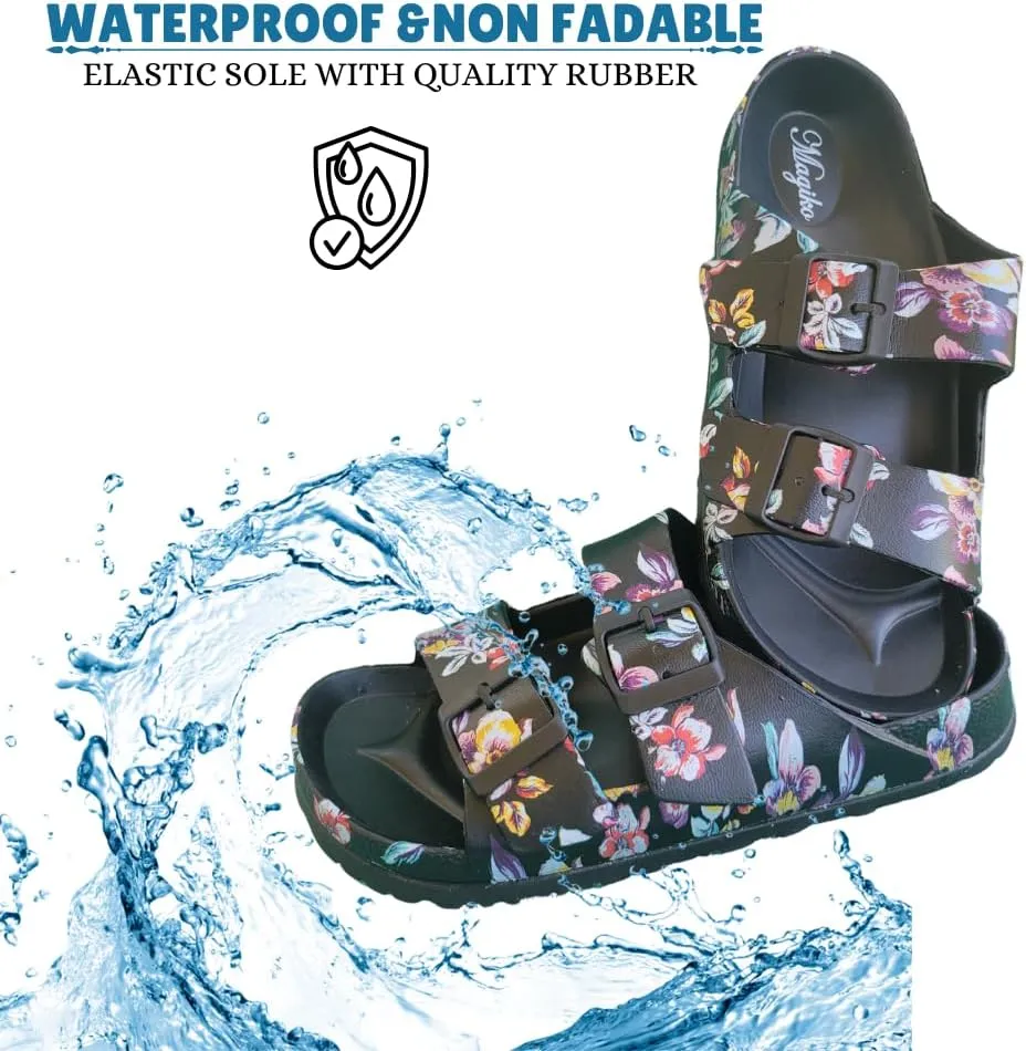 Slides Sandals for Women/Men, Adjustable Double Buckle EVA Flip-Flops Pillow Slippers, Chunky Lightweight Anti-Slip Waterproof All-Season Comfortable Flat Sandals for Indoor & Outdoor Use