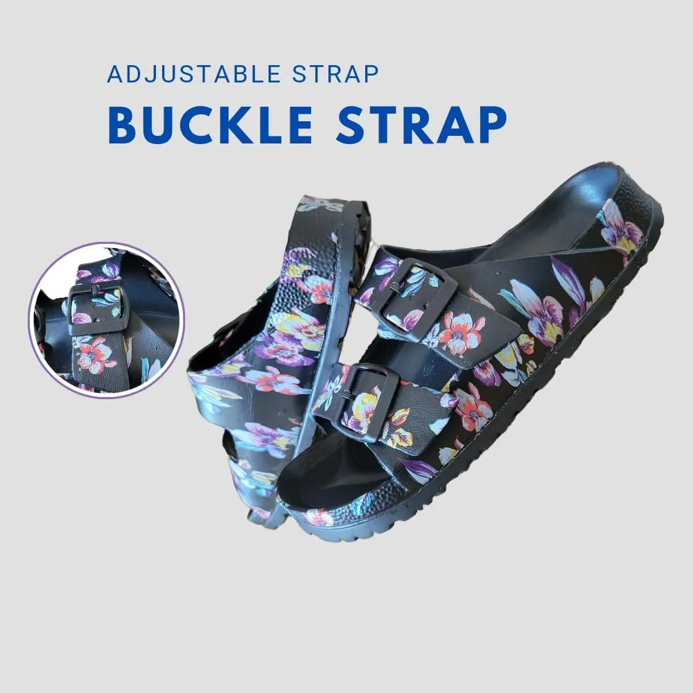 Slides Sandals for Women/Men, Adjustable Double Buckle EVA Flip-Flops Pillow Slippers, Chunky Lightweight Anti-Slip Waterproof All-Season Comfortable Flat Sandals for Indoor & Outdoor Use