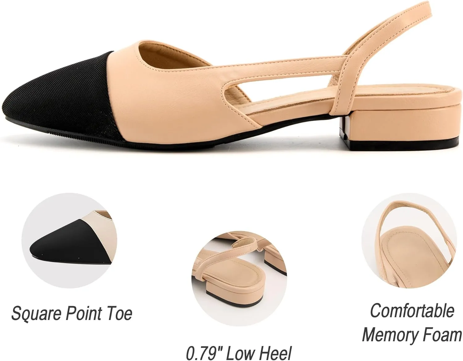 Slingback Flats for Women, Low Heel Mary Jane Flats with Square Pointed Toe, Splicing Dress Shoes with Thick Memory Foam