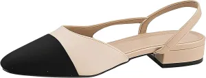 Slingback Flats for Women, Low Heel Mary Jane Flats with Square Pointed Toe, Splicing Dress Shoes with Thick Memory Foam