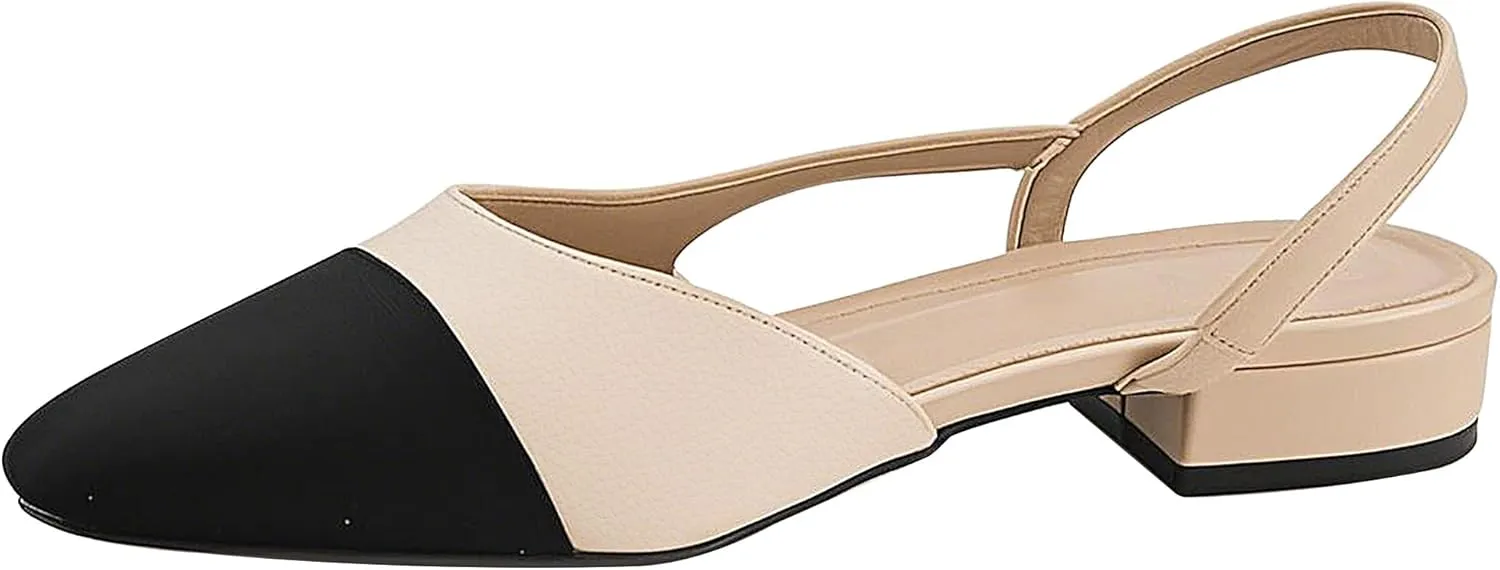 Slingback Flats for Women, Low Heel Mary Jane Flats with Square Pointed Toe, Splicing Dress Shoes with Thick Memory Foam
