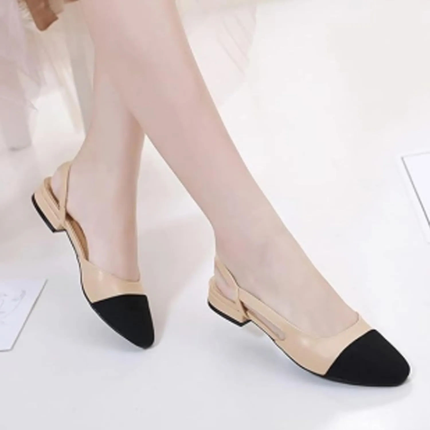 Slingback Flats for Women, Low Heel Mary Jane Flats with Square Pointed Toe, Splicing Dress Shoes with Thick Memory Foam