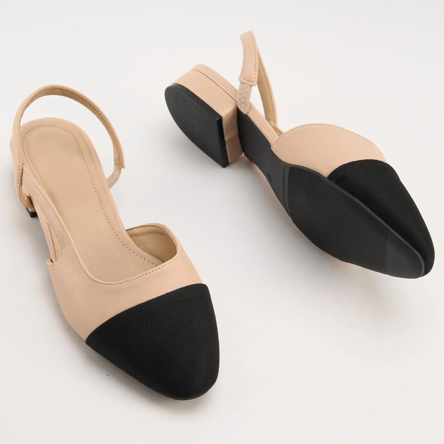Slingback Flats for Women, Low Heel Mary Jane Flats with Square Pointed Toe, Splicing Dress Shoes with Thick Memory Foam