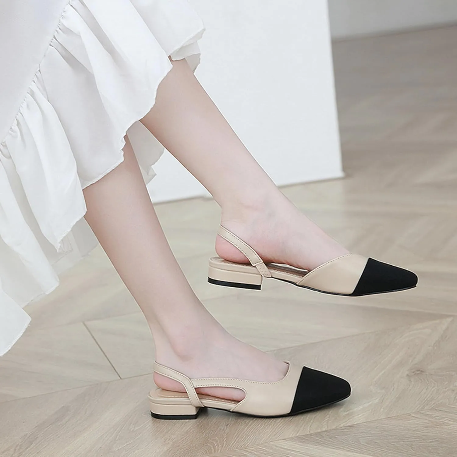 Slingback Flats for Women, Low Heel Mary Jane Flats with Square Pointed Toe, Splicing Dress Shoes with Thick Memory Foam
