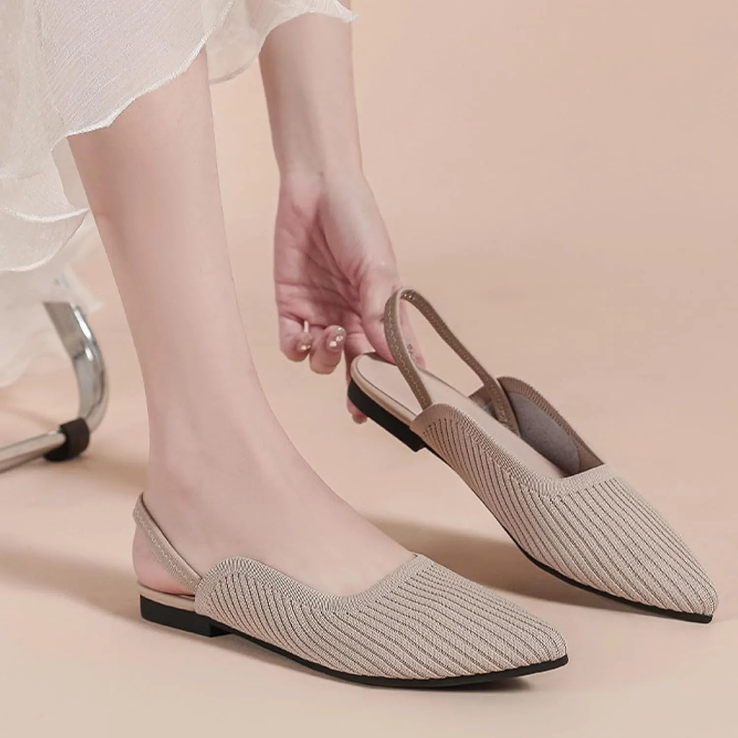 Slingback Flats for Women Pointed Toe Flats Breathable Knit Comfortable Dressy Casual for Work Office Slip on Ballet Flats