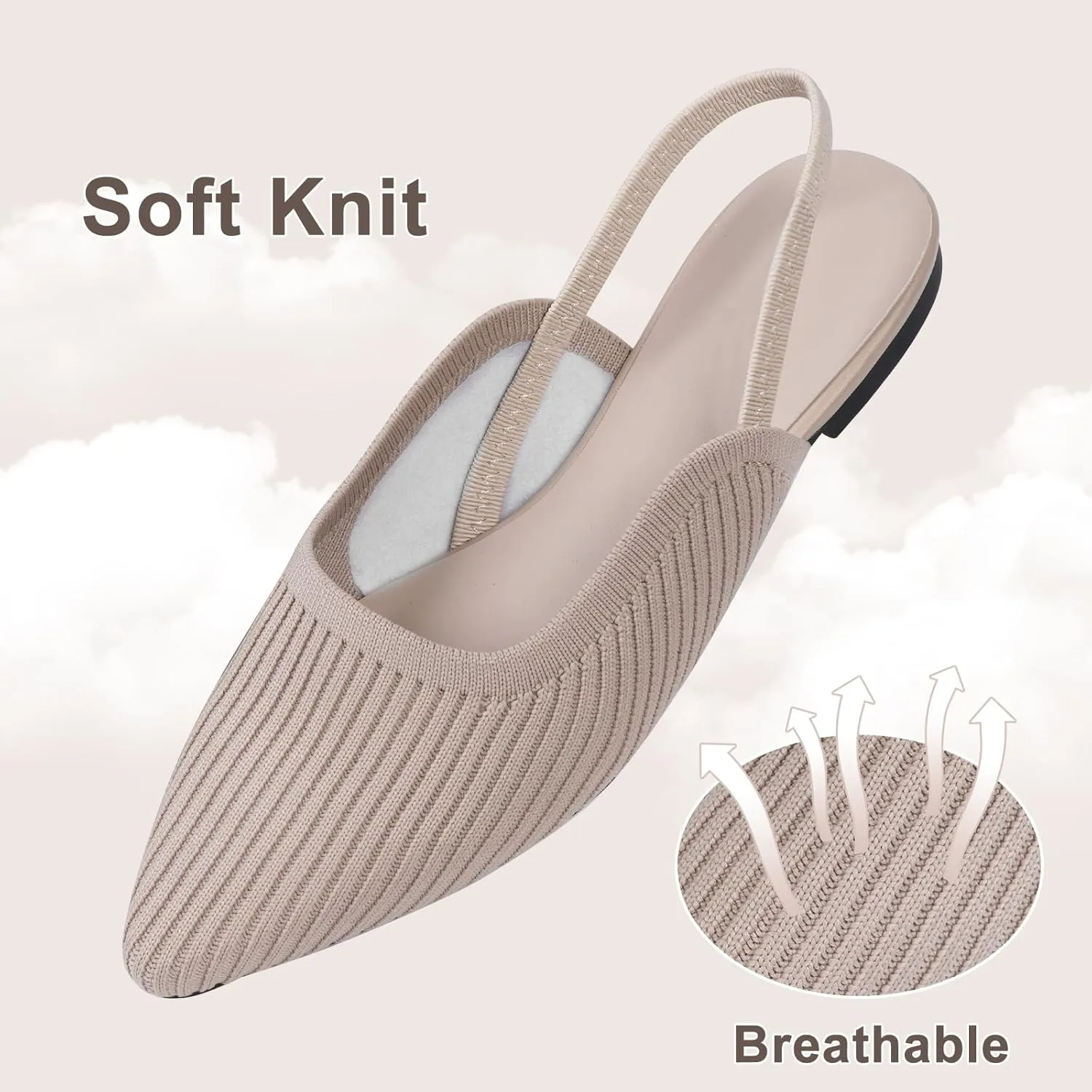 Slingback Flats for Women Pointed Toe Flats Breathable Knit Comfortable Dressy Casual for Work Office Slip on Ballet Flats