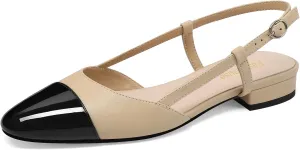 Slingback Flats for Women Two Toned Double Strap Block Low Heel Flats Classic Womens Sandals Comfortable Dressy