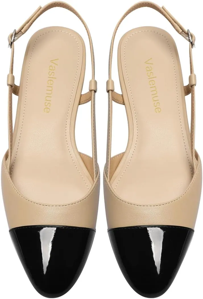 Slingback Flats for Women Two Toned Double Strap Block Low Heel Flats Classic Womens Sandals Comfortable Dressy