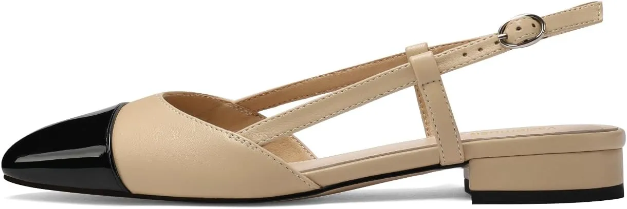 Slingback Flats for Women Two Toned Double Strap Block Low Heel Flats Classic Womens Sandals Comfortable Dressy