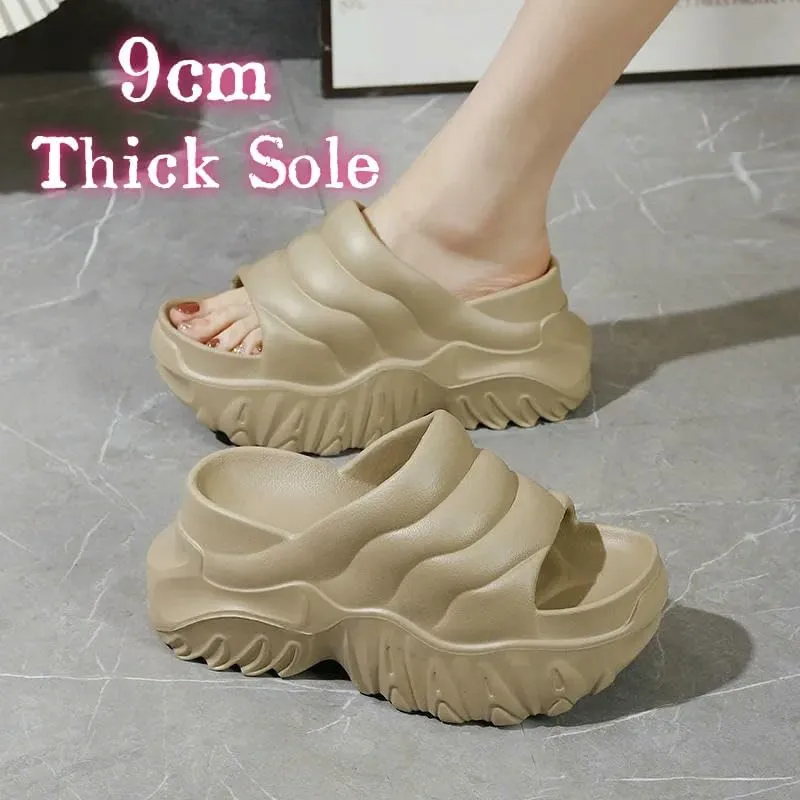 Slippers Women'S Wave Pattern Slippers 9Cm Thick Sole Height Increasing Shoes Summer Thick Sole Slippers