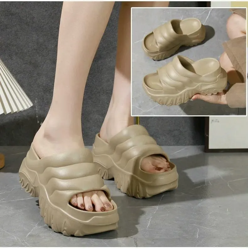 Slippers Women'S Wave Pattern Slippers 9Cm Thick Sole Height Increasing Shoes Summer Thick Sole Slippers