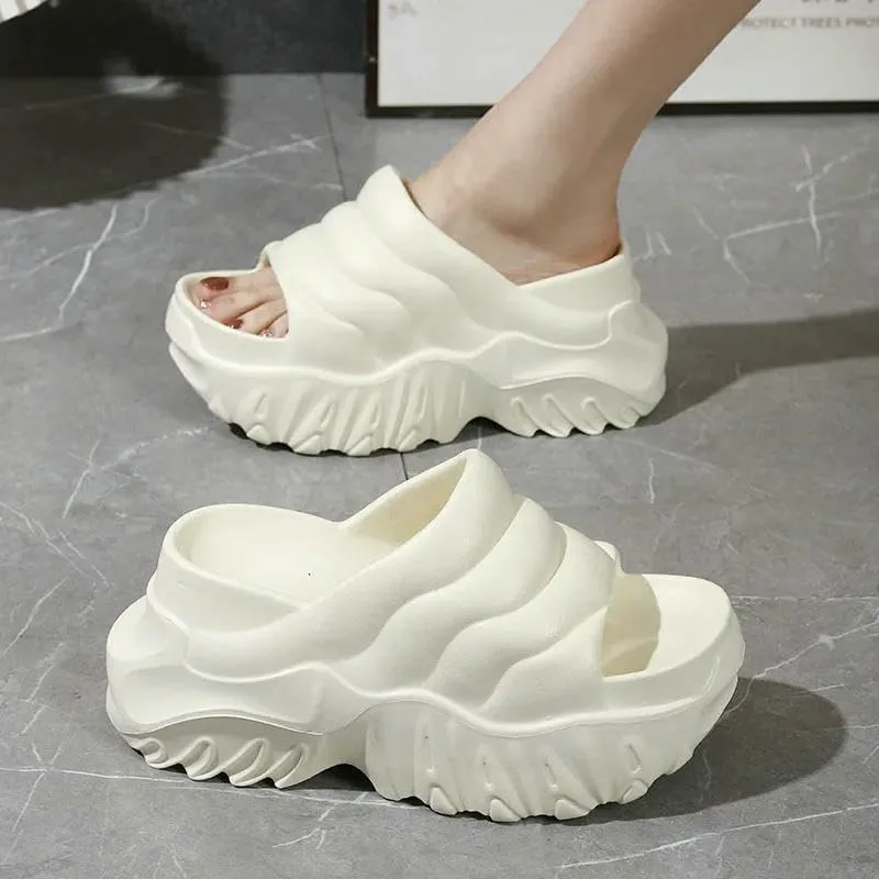 Slippers Women'S Wave Pattern Slippers 9Cm Thick Sole Height Increasing Shoes Summer Thick Sole Slippers