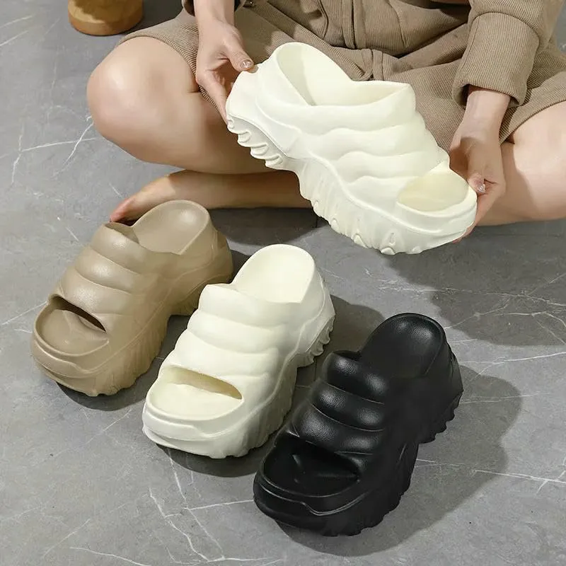 Slippers Women'S Wave Pattern Slippers 9Cm Thick Sole Height Increasing Shoes Summer Thick Sole Slippers