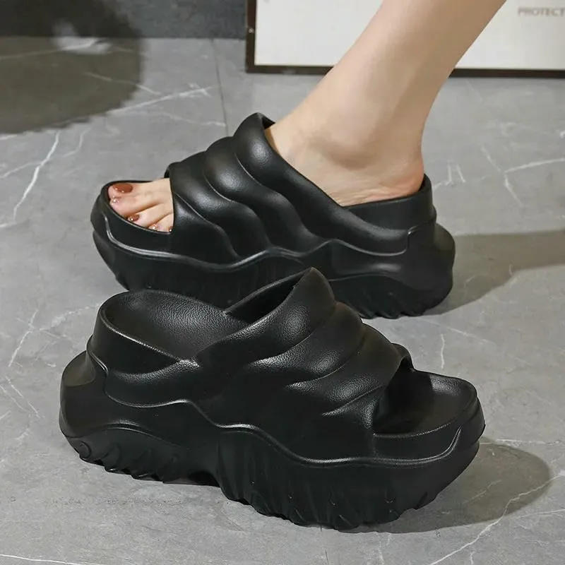 Slippers Women'S Wave Pattern Slippers 9Cm Thick Sole Height Increasing Shoes Summer Thick Sole Slippers