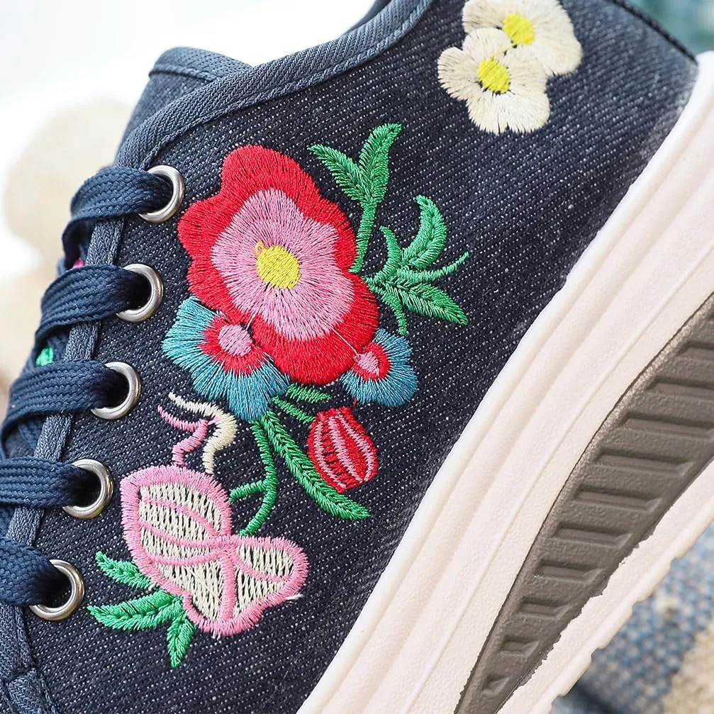 Sneakers Shoes for Women Arch Support Walking Shoes Embroidered Floral Art Canvas Loafers Ladies Travel Shoes