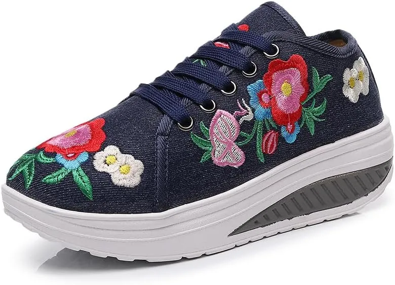 Sneakers Shoes for Women Arch Support Walking Shoes Embroidered Floral Art Canvas Loafers Ladies Travel Shoes