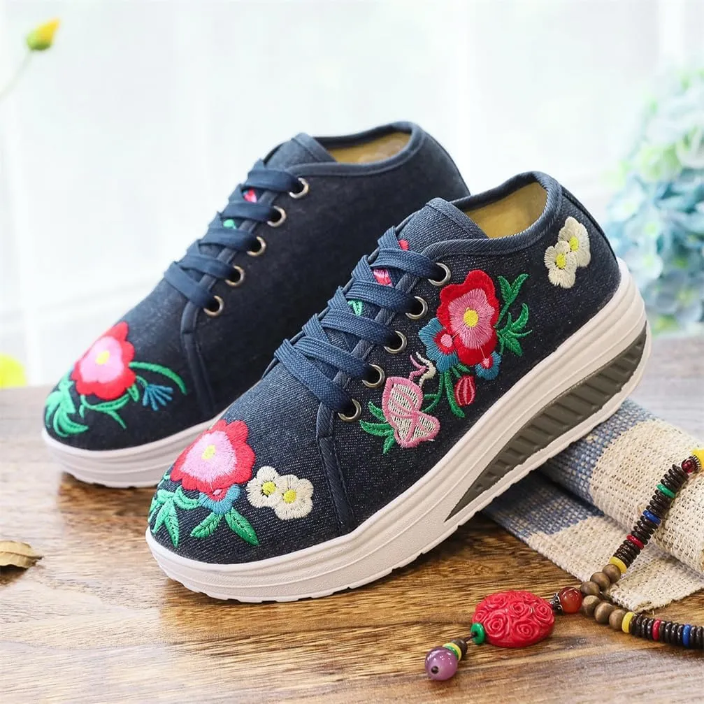 Sneakers Shoes for Women Arch Support Walking Shoes Embroidered Floral Art Canvas Loafers Ladies Travel Shoes