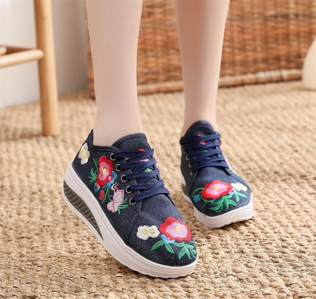 Sneakers Shoes for Women Arch Support Walking Shoes Embroidered Floral Art Canvas Loafers Ladies Travel Shoes
