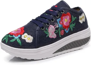 Sneakers Shoes for Women Arch Support Walking Shoes Embroidered Floral Art Canvas Loafers Ladies Travel Shoes