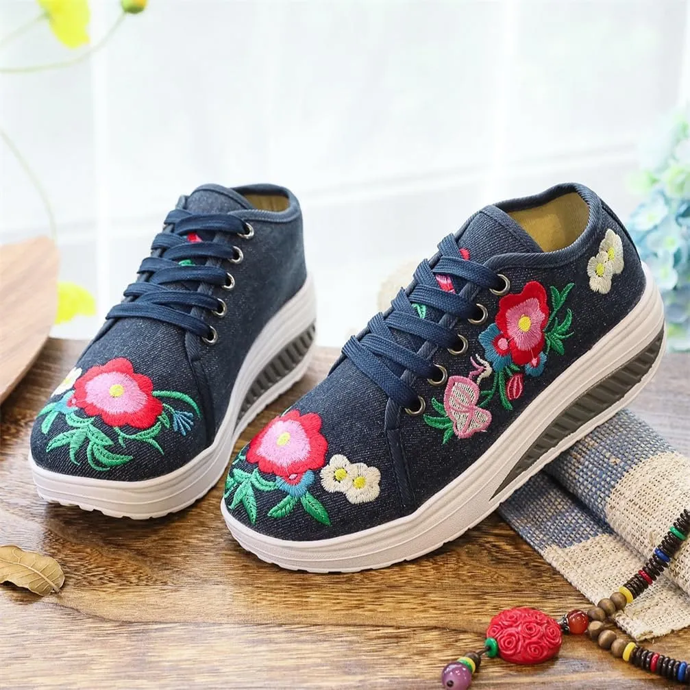 Sneakers Shoes for Women Arch Support Walking Shoes Embroidered Floral Art Canvas Loafers Ladies Travel Shoes